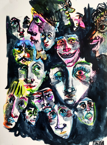 Рисунок под названием "Heads everywhere" - Laure Maniere, Подлинное произведение искусства, Акварель