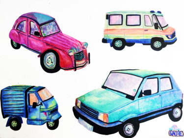 Drawing titled "Crazy cars 2" by Laure Maniere, Original Artwork, Watercolor