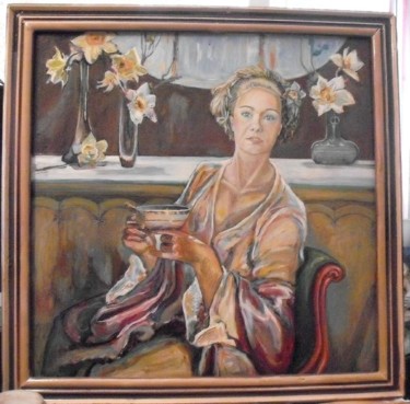 Painting titled "Tea & narcissus" by Vranceanu Aurelian, Original Artwork, Oil