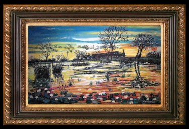 Painting titled "Sunset on the pond" by Vranceanu Aurelian, Original Artwork, Oil
