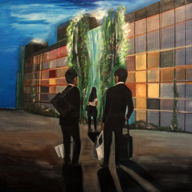 Painting titled "Green Ginza" by Lonicera, Original Artwork, Oil Mounted on Wood Stretcher frame