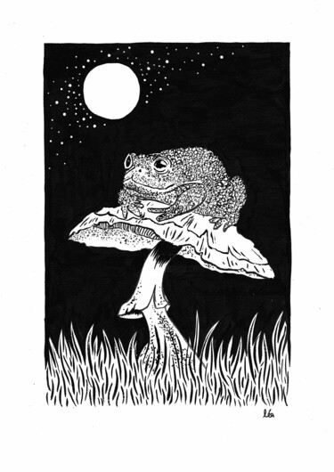 Drawing titled "Crapaud sur champig…" by Loo Es Maar, Original Artwork, Ink