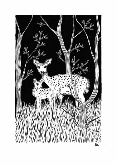 Drawing titled "Biche et faon" by Loo Es Maar, Original Artwork, Ink