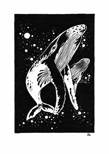 Disegno intitolato "Baleine à bosse" da Loo Es Maar, Opera d'arte originale, Inchiostro