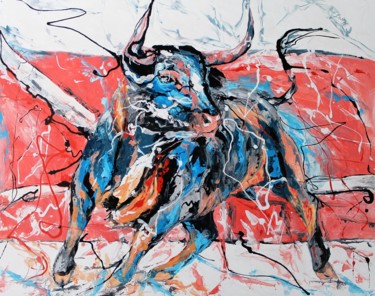 Fier taureau Peinture intitulée "Fier taureau" par Jean-Luc Lopez, Œuvre d'art originale, Laque Monté sur Châssis en bois