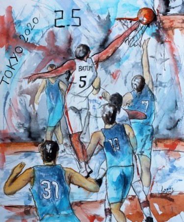 Contre pour la finale Olympique Schilderij getiteld "Contre pour la fina…" door Jean-Luc Lopez, Origineel Kunstwerk, Aquarel