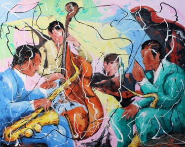 Painting titled "Conseils de jazz" by Jean-Luc Lopez, Original Artwork, Oil Mounted on Wood Stretcher frame