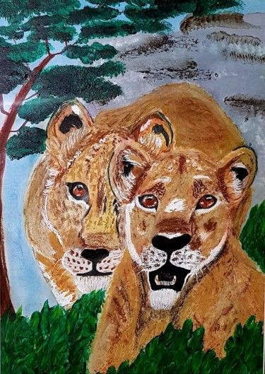 Peinture intitulée "Les lionnes" par Élisa Jau, Œuvre d'art originale, Pastel