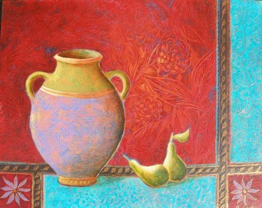 Peinture intitulée "pot mauve et orange" par Bernadette Lopicki, Œuvre d'art originale