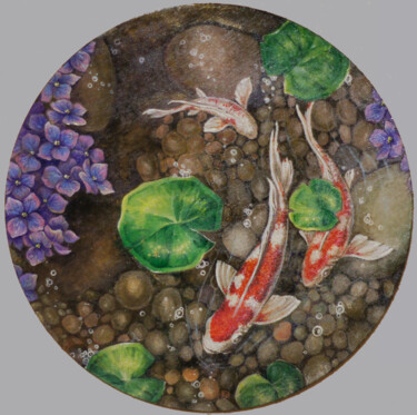 Koi and hidrangea Painting titled "Koi and hidrangea" by Lora Klimova, Original Art, Acrylic