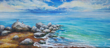 Картина под названием "Seascape with seagu…" - Lora Klimova, Подлинное произведение искусства, Акрил