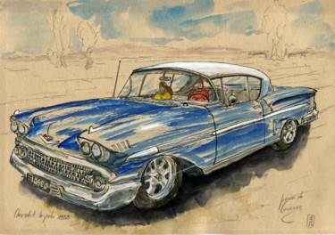 Painting titled "Chevrolet Impala 19…" by Loran De Cevinne, Original Artwork, Watercolor