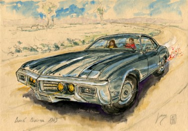 Painting titled "Buick Riviera 1969" by Loran De Cevinne, Original Artwork, Watercolor