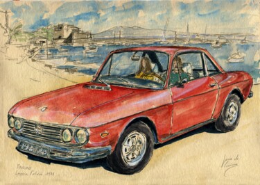 Pintura intitulada "Lancia Fulvia 1973…" por Loran De Cevinne, Obras de arte originais, Aquarela