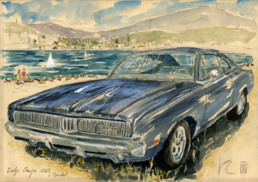 Картина под названием "Dodge Charger 1969…" - Loran De Cevinne, Подлинное произведение искусства, Акварель