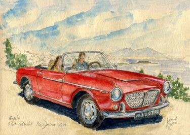 Картина под названием "Fiat cabriolet Pini…" - Loran De Cevinne, Подлинное произведение искусства, Акварель