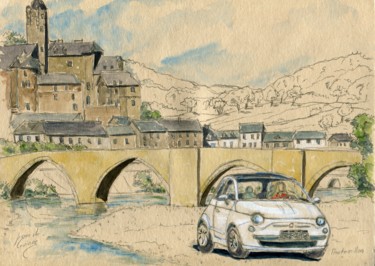 Painting titled "Fiat 500 à Montmori…" by Loran De Cevinne, Original Artwork, Watercolor