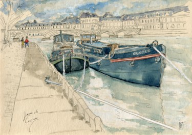 Painting titled "Paris, quai de Conti" by Loran De Cevinne, Original Artwork, Watercolor