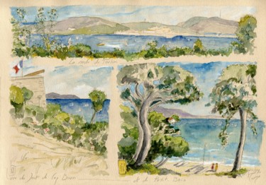 Painting titled "Toulon et sa rade" by Loran De Cevinne, Original Artwork, Watercolor