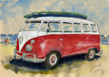 Картина под названием "VW Combi T1 de 1960" - Loran De Cevinne, Подлинное произведение искусства, Акварель