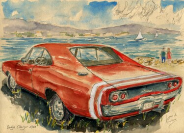 Painting titled "Dodge Charger 1968" by Loran De Cevinne, Original Artwork, Watercolor