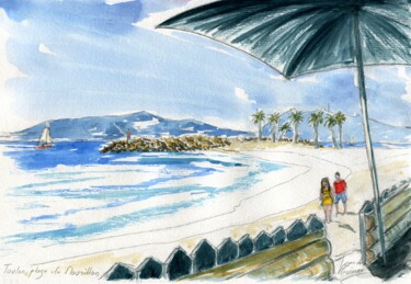 Peinture intitulée "Toulon, plages du M…" par Loran De Cevinne, Œuvre d'art originale, Aquarelle