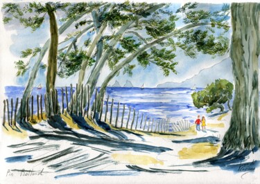 Painting titled "La plage à Pin Roll…" by Loran De Cevinne, Original Artwork, Watercolor