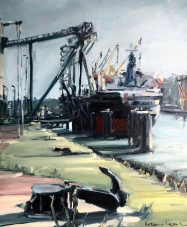Peinture intitulée "bateau port industr…" par Lorann Lacave -Ladeuix, Œuvre d'art originale, Huile