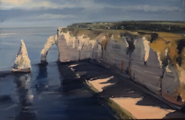 Painting titled "Etretat Normandie" by Lorann Lacave -Ladeuix, Original Artwork, Oil Mounted on Wood Stretcher frame