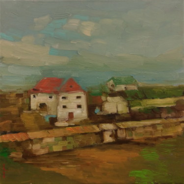 Painting titled "House with red roof" by Lorena Iavorschi, Original Artwork, Oil