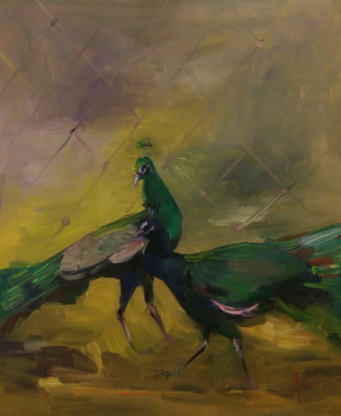 Painting titled "Two peacocks" by Lorena Iavorschi, Original Artwork, Oil