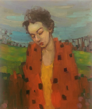 Malarstwo zatytułowany „Red coat in a cold…” autorstwa Lorena Iavorschi, Oryginalna praca, Olej