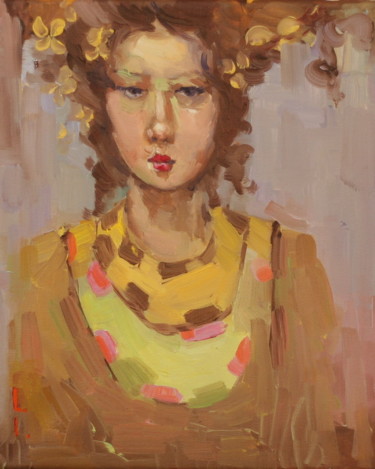 Painting titled "Faces- Yellow flower" by Lorena Iavorschi, Original Artwork, Oil