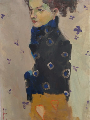 Painting titled "Girl in black coat" by Lorena Iavorschi, Original Artwork, Oil