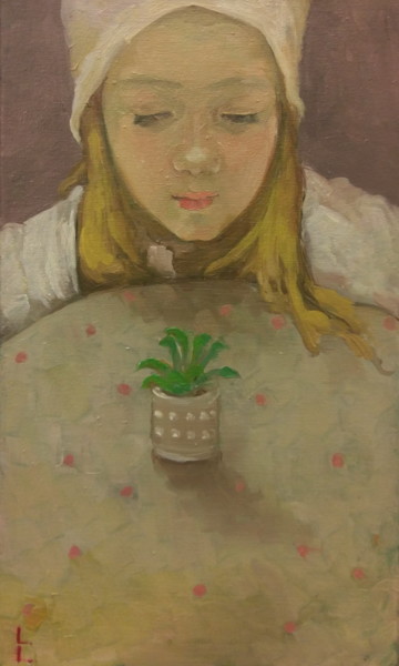 Painting titled "Sofia with a flower" by Lorena Iavorschi, Original Artwork, Oil
