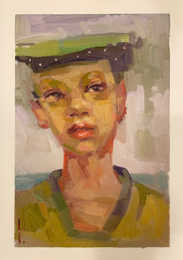 Malerei mit dem Titel "The green hat" von Lorena Iavorschi, Original-Kunstwerk, Öl