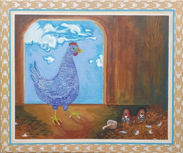 Schilderij getiteld "La poule et son tré…" door Lorenz, Origineel Kunstwerk, Acryl Gemonteerd op Frame voor houten brancard
