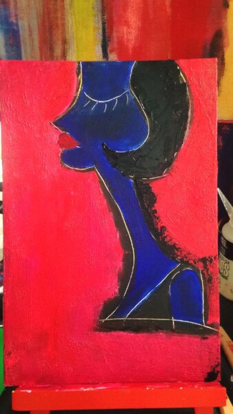 Painting titled "femme fond rouge" by Lorenz (lorenzart), Original Artwork, Acrylic