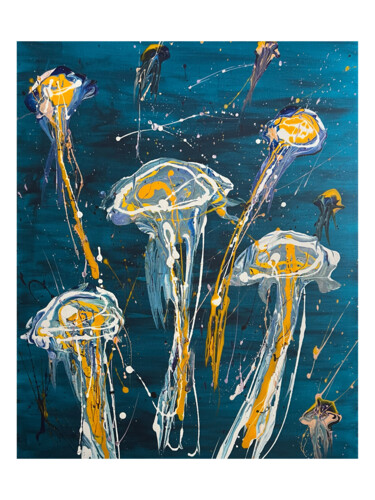 Painting titled "van gogh jellyfish" by Lorenzo Bulin, Original Artwork, Acrylic Mounted on Wood Stretcher frame