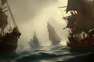 Digitale Kunst getiteld "battaglia fra pirati" door Lorenzo Corti, Origineel Kunstwerk, AI gegenereerde afbeelding