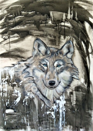 Painting titled "LOUP" by Lorie Renaud, Original Artwork, Oil