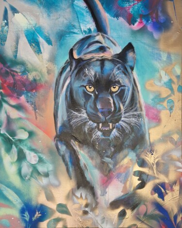 Painting titled "BLACK PANTHER" by Lorie Renaud, Original Artwork, Acrylic Mounted on Wood Stretcher frame