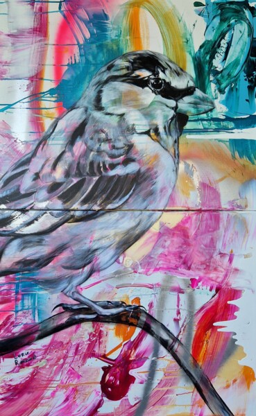 Картина под названием "CHERRY BIRD" - Lorie Renaud, Подлинное произведение искусства, Акрил Установлен на Деревянная рама дл…