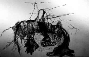 Drawing titled "La bête" by Martine Swynghedauw, Original Artwork, Graphite Mounted on Glass