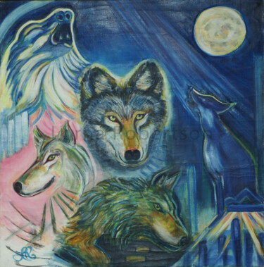 Pintura titulada "Howling At The Moon" por Lorna Dooling Robertson, Obra de arte original, Oleo