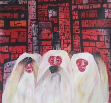 Malerei mit dem Titel "Three Monkeys" von Lorrany Dutra, Original-Kunstwerk, Öl