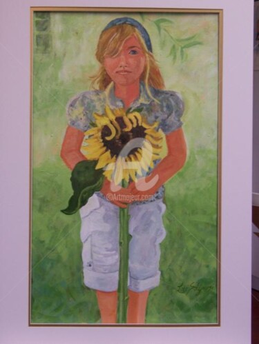 Painting titled "Sunflower Girl" by Lori Solymosi, Original Artwork
