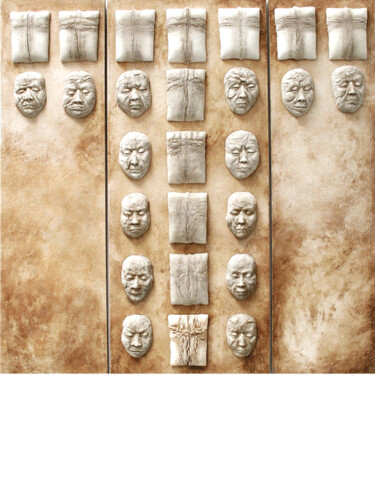 Sculpture titled "Etre en faces" by Lou Perdu, Original Artwork, Terra cotta Mounted on Wood Panel