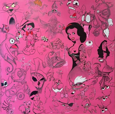 Σχέδιο με τίτλο "Pink paradise" από Sandrine Lascols, Αυθεντικά έργα τέχνης, Μαρκαδόρος Τοποθετήθηκε στο Ξύλινο φορείο σκελε…