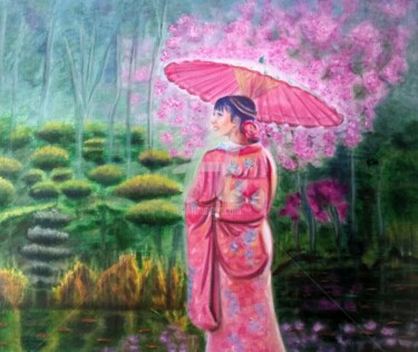 Painting titled "Cherry blossom girl" by Loubarca, Original Artwork, Oil Mounted on Wood Stretcher frame